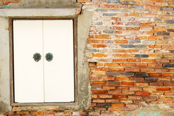 abstract of old brick wall with wooden window frame background