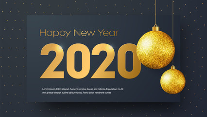 Template of black vector banner Happy New Year 2020 with golden numbers and balls on the background with luminous dots.