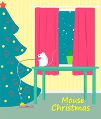 A mouse catches a piece of cheese on Christmas night illustration