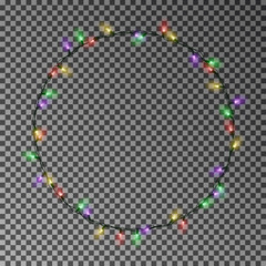 Christmas color lights circle. Garland wreath decorations. Glowing string for Xmas Holiday. Vector illustration