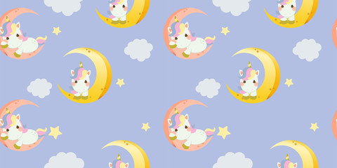 The seamless pattern background of character of cute rainbow unicorn sitting on the moon in the blue background with star. The character of cute rainbow unicorn in vector style.