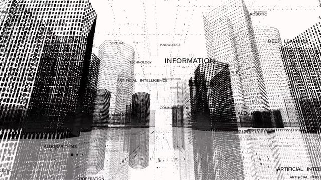 4k Big Data Digital City,artificial intelligence Animated Tag Word Cloud,Flying Through the Digital binary code urban with Numbers and Grids.3d Blueprint.seamless loop. 