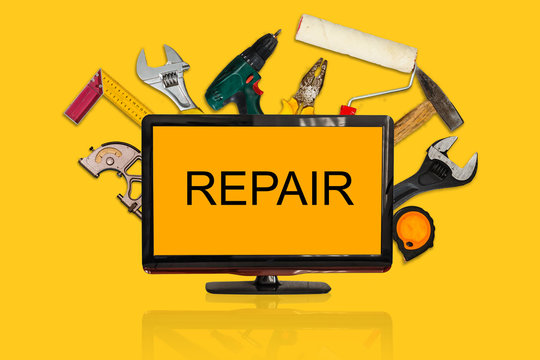 Construction tools online service computer with set all of tools supplies for house repair builder on orange background