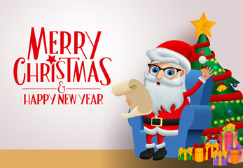 Christmas greeting card with santa claus character vector background template. Merry christmas greeting text with santa claus sitting in chair holding wish list with colorful christmas tree and gifts 