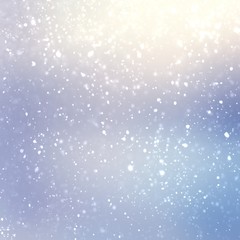 Winter nature cool background. Snowfall blurry pattern. Light blue lilac outdoor silhouette. Bright flare and gloss. Transparent abstract texture. Holiday decoration. Magical shiny outside space.