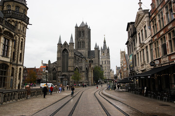 Fototapeta premium Gothic architecture buildings and castle in Ghent streets in Belgium