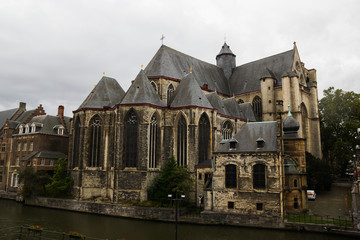 Fototapeta na wymiar Gothic architecture buildings and castle in Ghent streets in Belgium