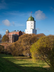the tower of St. Olav of the Vyborg castle on the island  on a sunny autumn day