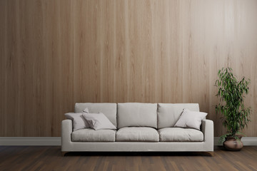 living room with white sofa and wooden wall, interior design 3d rendering
