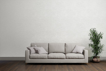 living room with sofa and white concrete wall, interior design 3d rendering
