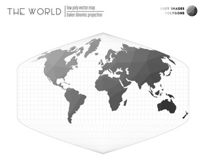 Low poly world map. Baker Dinomic projection of the world. Grey shades colored polygons. Amazing vector illustration.