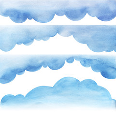 four decorative elements. Blue lush fluffy cumulus cloud shape. Border page template. Cartoon sky illustration. Watercolor gradient fills. Hand drawn isolated on a white background - 298226185