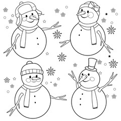 Snowmen with winter hats and scarves. Vector black and white coloring page