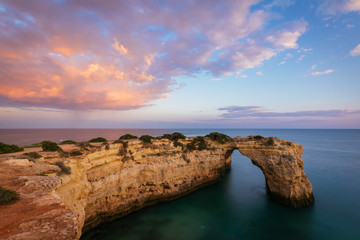 Portuguese coast line with Elephant Shaped Cliff in Algarve during the Sunset, Portugal