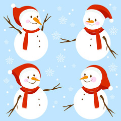 Snowmen with Christmas hats and scarves. Vector illustration.