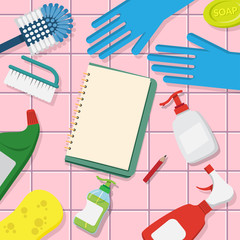 vector set of household supplies cleaning product , tools of house cleaning on pink tile background with blank page open book for copy space