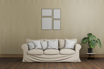 modern interior of a living room with beige wooden wall, background wallpaper 3D rendering