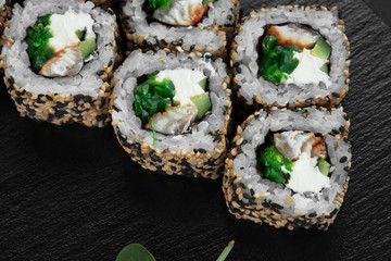 Sushi, rolls, fish dishes. Seafood delicacies