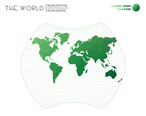 World map with vibrant triangles. Larrivee projection of the world. Yellow Green colored polygons. Amazing vector illustration.