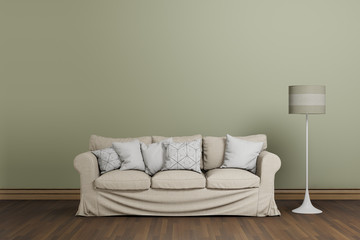 white leather sofa in green living room, interior design background, 3D rendering