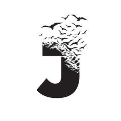 letter J with effect of destruction. Dispersion. Birds