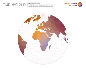 Vector map of the world. Chamberlin projection for Africa projection of the world. Purple Orange colored polygons. Awesome vector illustration.