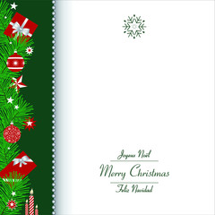 Gabarit pour un menu de Noël, rouge, blanc et vert, décoré de branches de sapin et de cadeaux - texte anglais, français et espagnol, traduction : bon Noël.
