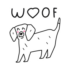 Cute dog and word - woof. Hand drawn funny vector illustration for greeting card, t shirt, sticker, poster design on white background.