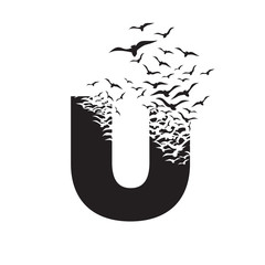 letter U with effect of destruction. Dispersion. Birds