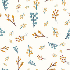 Autumn Thanksgiving nature background. Blue orange yellow brown abstract doodle berries seamless vector pattern. Fall florals repeating background in seasonal colors. For surface design, fabric