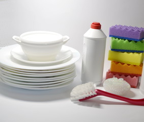  On a white background plates, dishwashing liquid, washcloths, brush.