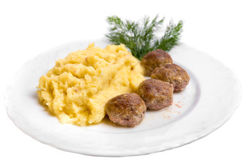 Cutlets with meat and mashed potatoes. Isolated on white background.