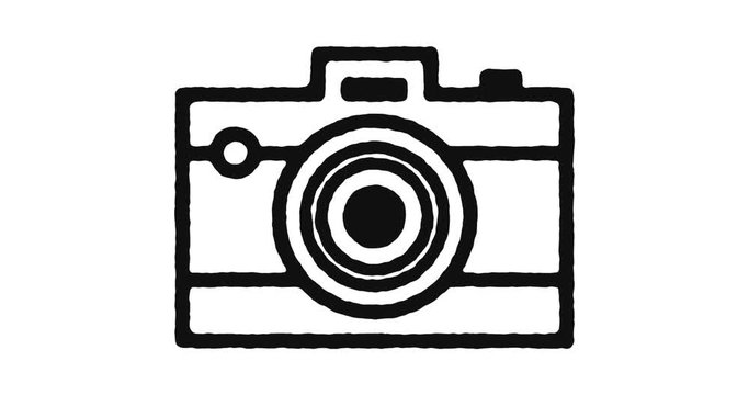 Professional camera outline icon animation footage/video. Hand drawn like symbol animated with motion graphic, can be used as loop item, has alpha channel and it's at 4K video resolution.