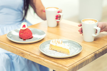 Two different piece of cake on background of two women hands with cup of coffee. Two desserts on the plates at cafe.