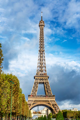 Eiffel Tower in the green of the trees against the blue sky on a bright sunny day. Vertical.