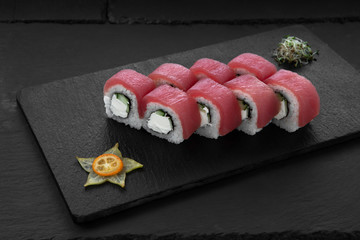Sushi, rolls, fish dishes. Seafood delicacies