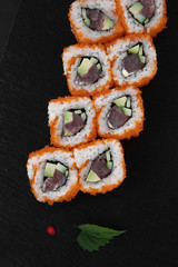 Sushi, rolls, fish dishes. Seafood delicacies