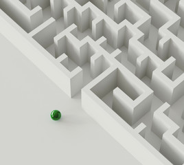 Green sphere in front of the entrance to the maze. 3d rendering