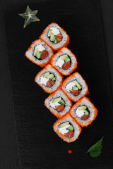 Sushi, rolls, fish dishes. Seafood delicacies