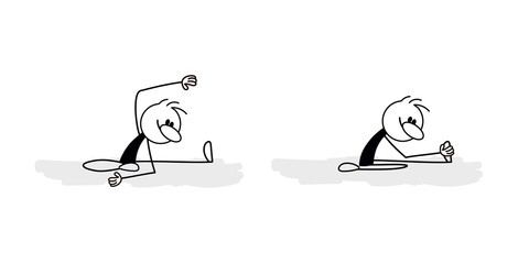 Doodle stick figure: Man doing exercises in the gym. Fitness and healthy lifestyle. Vector.