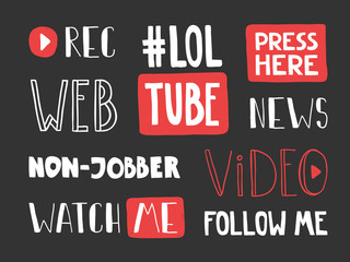 Record, lol, tube, press, button, non jobber, watch, me, follow, web, video. Sticker for social media content. Vector hand drawn collection set illustration design. 