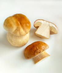 Boletus edulis mushrooms (king bolete, Porcino, cep) isolated on white plate, close up, selective focus. 