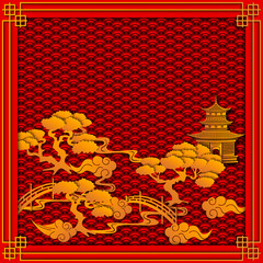 Traditional oriental landscape, background. Vector illustration.