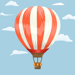 Hot air balloon flying in the sky. Cartoon and hand drawn style flat and solid color. Vector illustration.