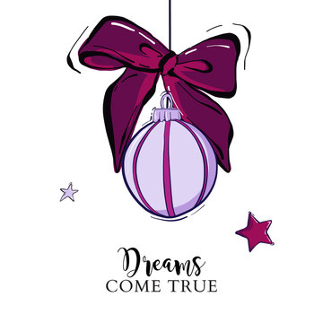 Merry Christmas hand drawn card with New Year bauble balls and stars in violet color. Vector sketch illustration, greeting card design.