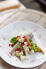 Poached White Fish with Steamed Vegetables and Garlic Aioli Sauce