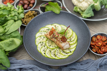 Fried Cod Fish with Sliced Courgette and Fresh Vegetable Salsa