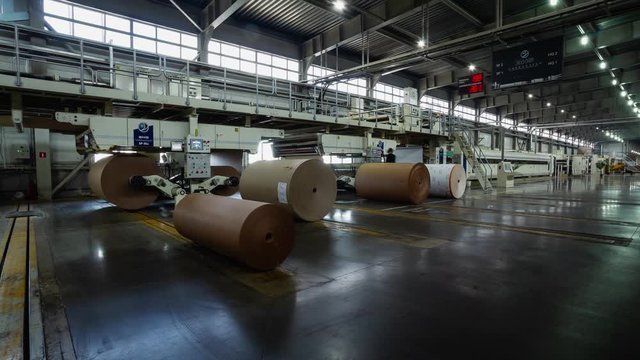 huge paper rolls and workers in uniform at plant timelapse