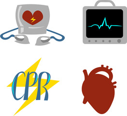 Set of objects for cardiopulmonary resuscitation. Urgent Care. Medical equipment. Defibrillator, ecg.