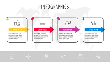 Line vector infographic flat template. Rectangles with arrows for four diagrams, graph, flowchart, timeline, marketing, presentation. Business concept with 4 labels